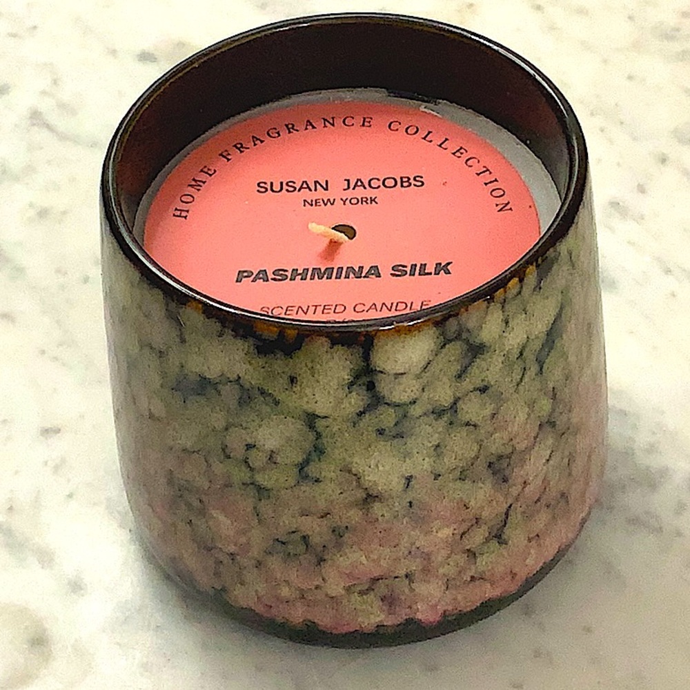 SUSAN JACOBS NEW YORK CANDLE PASHMINA SILK NEW 1 WICK PEACOCK PINK POTTERY